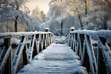 Snowy, wooden bridge in a winter day. Stare Juchy,