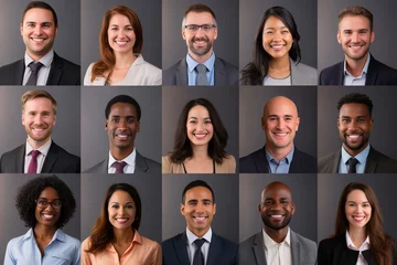Foto op Plexiglas Many smiling multiethnic business people faces headshots collage mosaic. Collage of smiling business people in formalwear looking at camera. © Bojan