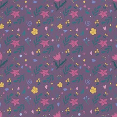 Seamless pattern with floral ornament for children on a purple background. Hand-drawn, digital illustration. Ideal for prints, fabrics, packaging, wallpapers and backgrounds.