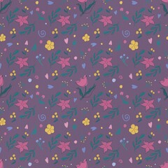 Naklejka premium Seamless pattern with floral ornament for children on a purple background. Hand-drawn, digital illustration. Ideal for prints, fabrics, packaging, wallpapers and backgrounds.