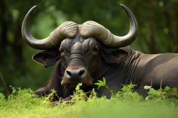 Massively horned cape buffalo bull, relaxing in a lush Kruger Park. Syncerus caffer