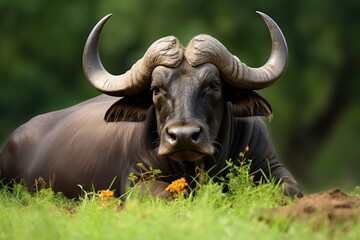 Massively horned cape buffalo bull, relaxing in a lush Kruger Park. Syncerus caffer