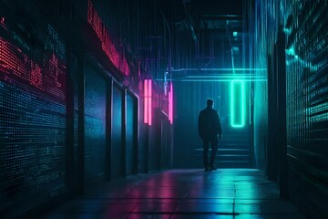 A dark alley in a cyberpunk world, illuminated by the glow of holographic codes floating in the air as a hacker works stealthily.
