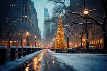 Scenic winter evening view of the glowing lights of a Christmas tree surrounded by the skyscrapers of Midtown Manhattan in Madison Square Park, New York City