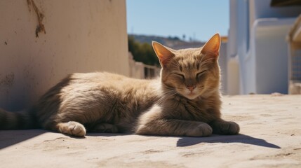cat sunbathing on the street of Mykonos, .