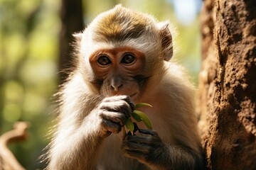 Wild macaque eating fruit in tropical forest in .