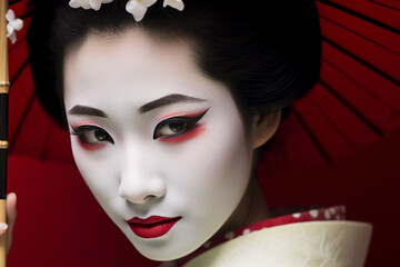 Close up of face of Asian woman with Japanese Geisha style white face makeup and hairstyle in front of red parasol