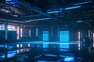 A derelict cyberpunk factory, where a hacker resurrects ancient technology surrounded by holographic blueprints.