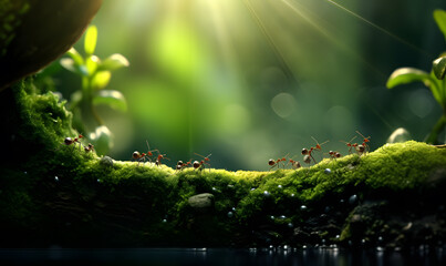macro shot of red ants marching on the forest ground