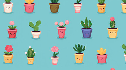 Trendy Botanical Vector Pattern: Cute Succulents and Cactus Illustration - Seamless Background for Stylish Home Decor, Gardening, and Nature-inspired Designs.