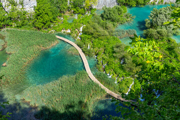 Picturesque lakes among forests and mountains. Plitvice Lakes, Croatia.