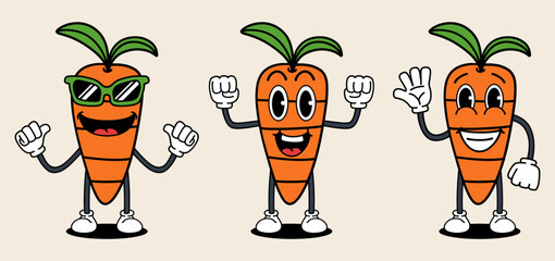 Carrot set mascot of 70s groovy. Collection of cartoon,retro, groovy characters. Vector illustration.
