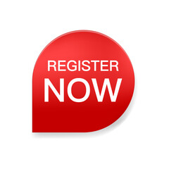 Register Now banner, speech bubble label register now. Vector illustration
