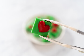 Green fudge with red hearts