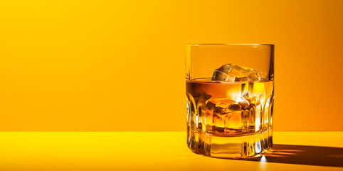 Glass of whisky with ice on table on yellow background with copy space.