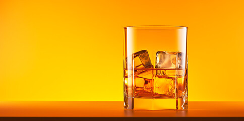 Fototapeta na wymiar Glass of whisky with ice on table on yellow background with copy space.