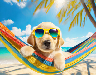 Golden retriever puppy with sunglasses lying in a hammock on the beach - obrazy, fototapety, plakaty