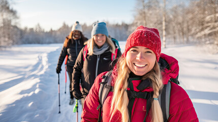 Cheerful friends with backpacks for hike walking across winter forest exploring nature. Friends active lifestyle spending time together without using gadgets.