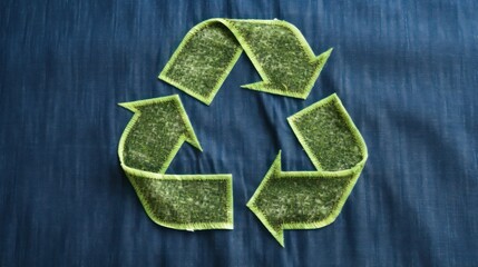 Embroidered  Green recycled sign on jeans fabric, Recycled jeans clothing ecological concept, Climate change global warming recycling concept, ESG 2050 Carbon Neutrality goals	
