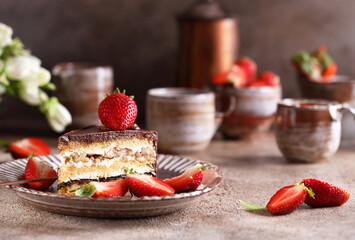 piece of cake with nuts and berries, homemade pastries