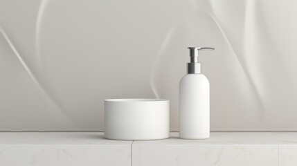 3D mockup products of White empty cosmetic products, white soap lotion, shampoo or shower gel, mockup and bottles in the style of light gray and white in modern bathroom interior Free Copy Space
