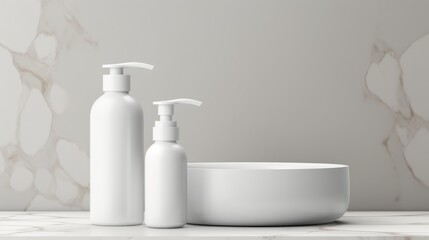 3D mockup products of White empty cosmetic products, white soap lotion, shampoo or shower gel, mockup and bottles in the style of light gray and white in modern bathroom interior Free Copy Space - obrazy, fototapety, plakaty