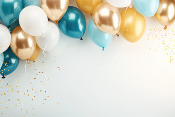 Party festive birthday backdrop photo zone with gold, blue, white balloons, gold confetti and stars on white background