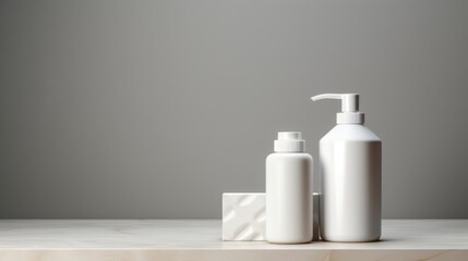 3D mockup products of White empty cosmetic products, white soap lotion, shampoo or shower gel, mockup and bottles in the style of light gray and white in modern bathroom interior Free Copy Space