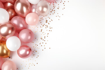 Party festive birthday backdrop photo zone with pink and white balloons, gold confetti on white background