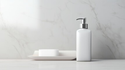 Fototapeta na wymiar 3D mockup products of White empty cosmetic products, white soap lotion, shampoo or shower gel, mockup and bottles in the style of light gray and white in modern bathroom interior Free Copy Space