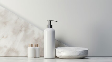 3D mockup products of White empty cosmetic products, white soap lotion, shampoo or shower gel, mockup and bottles in the style of light gray and white in modern bathroom interior Free Copy Space - obrazy, fototapety, plakaty