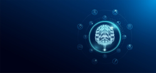 Medical health care. Human brain in transparent bubbles surround with medical icon. Technology innovation healthcare hologram organ on dark blue background. Banner empty space for text. Vector.