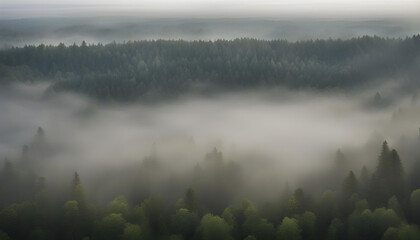 A dense forest. A light mist on the horizon.
