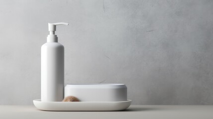 Fototapeta premium 3D mockup products of White empty cosmetic products, white soap lotion, shampoo or shower gel, mockup and bottles in the style of light gray and white in modern bathroom interior Free Copy Space