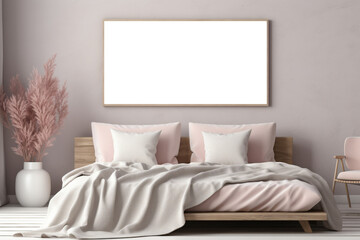 Frame mockup on the wall in a Scandinavian bedroom interior, blank template for a poster or art work presentation.