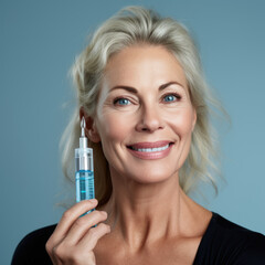 Beautiful smiling woman aged 50 - 60 model with natural makeup holding skincare healthcare packagee product