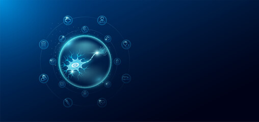 Medical health care. Human nerve cell in transparent bubbles surround with medical icon. Technology innovation healthcare hologram organ on dark blue background. Banner empty space for text. Vector.