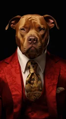 Pitt Bull dog dressed in an elegant red suit, standing as a confident leader and a powerful businessman. Fashion portrait of an anthropomorphic animal posing with a charismatic human attitude © mozZz