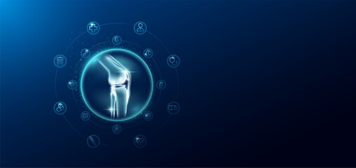 Medical health care. Knee joint bone in transparent bubbles surround with medical icon. Technology innovation healthcare hologram organ on dark blue background. Banner empty space for text. Vector. - obrazy, fototapety, plakaty