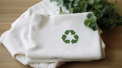 Green recycle logo on white recycled cotton tshirt, Recycled clothing ecological concept, Climate change global warming recycling concept, ESG 2050 Carbon Neutrality goals
