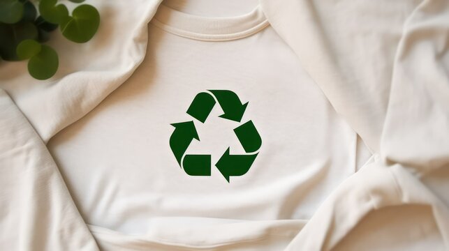 Green recycle logo on white recycled cotton tshirt, Recycled clothing ecological concept, Climate change global warming recycling concept, ESG 2050 Carbon Neutrality goals