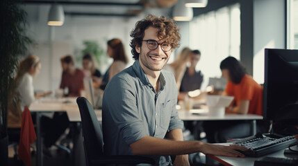 Cool worker with glasses smiling at the camera in a busy office - obrazy, fototapety, plakaty