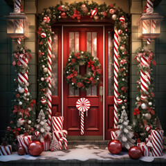 Party Christmas festive backdrop photo zone with door decorated with christmas tree, red and white candy, and wreath  arc, red photo wall, xmas interior