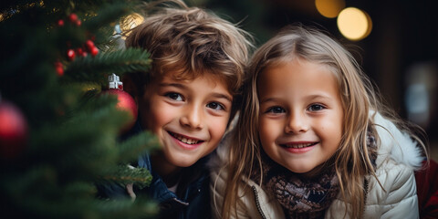 Obraz premium Cheerful children, a boy and a girl are hiding under a Christmas tree surrounded by garlands, impatiently waiting for gifts from Santa Claus. New Year, Christmas Eve. The concept of holidays