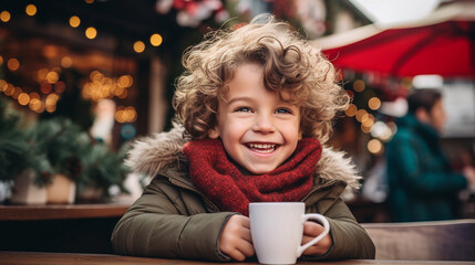 Smiling little boy drinking hot chocolate from a white cup or tea at a Christmas market close-up. Happy child on vacation in winter clothes with lights in the background. Holiday concept - obrazy, fototapety, plakaty