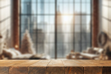 Wooden desk of free space and winter window background with city landscape. 