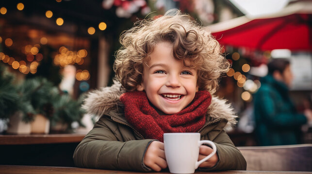 Smiling little boy drinking hot chocolate from a white cup or tea at a Christmas market close-up. Happy child on vacation in winter clothes with lights in the background. Holiday concept