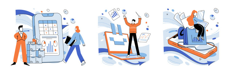 Business automation vector illustration. Workflow management is conductor in orchestra progress Digital engineering crafts path to automated improvement Technology and business automation form