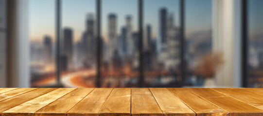 Wooden desk of free space and winter window background with city landscape.  - 689126339
