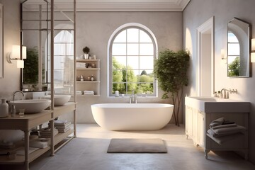 The modern bathroom showcases a beautiful, trend-setting interior with freestanding bathtub